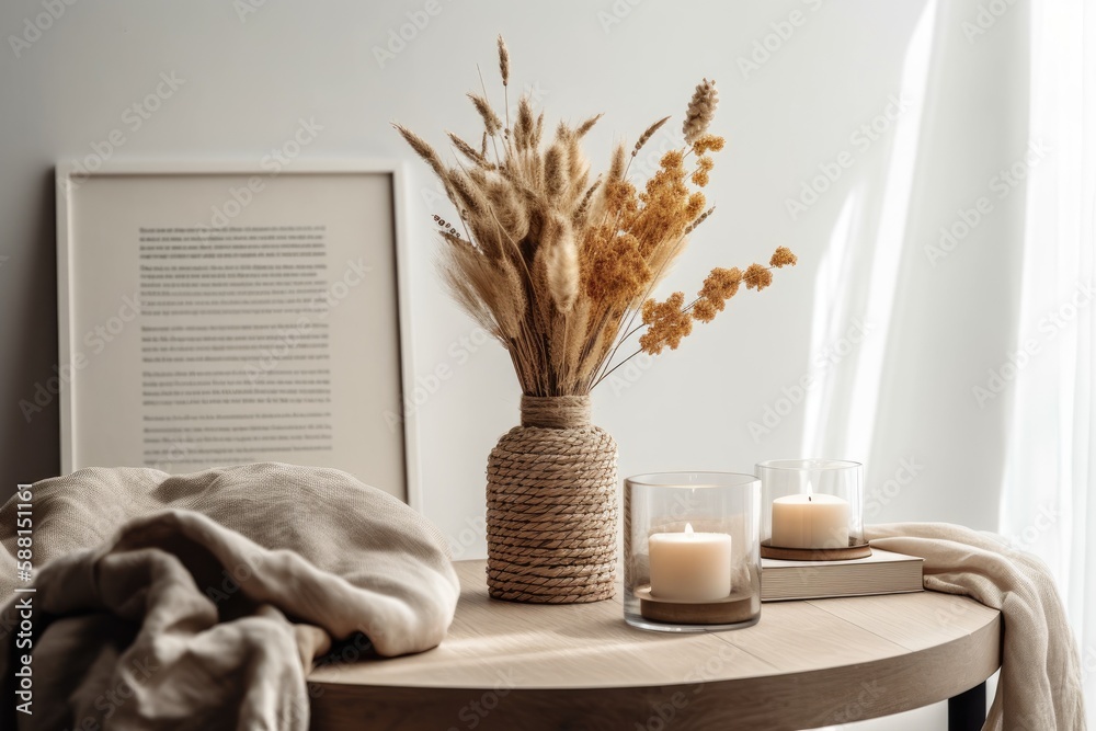 wooden table adorned with a vase of dried flora. Generative AI