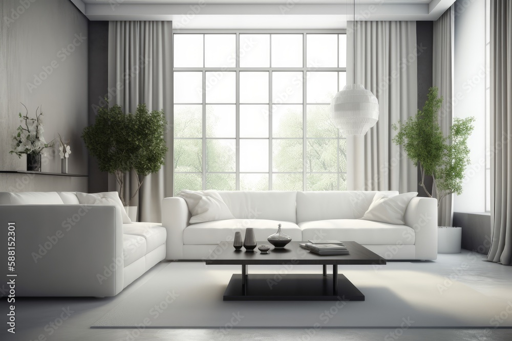 modern living room with a white sofa and a wooden coffee table. Generative AI