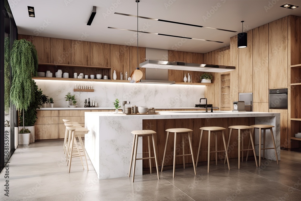 modern kitchen with sleek marble countertops and stylish bar stools. Generative AI