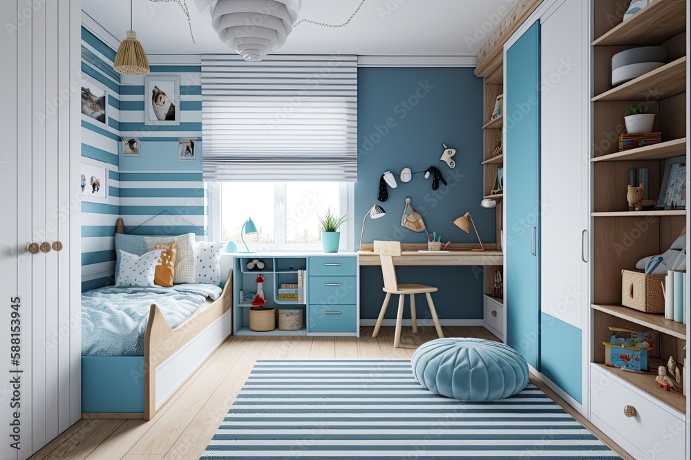 childs bedroom with blue and white striped walls and playful decor. Generative AI