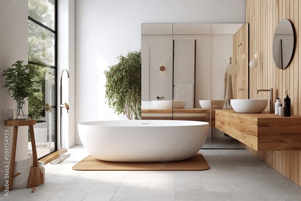 modern bathroom with a luxurious white bathtub as the centerpiece. Generative AI