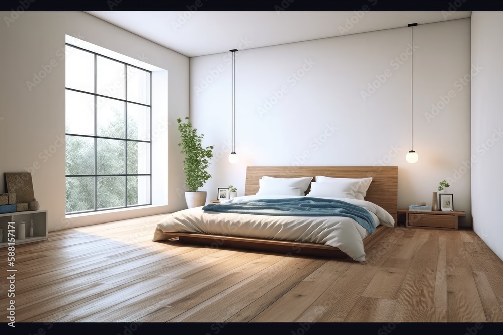 cozy bedroom with a comfortable bed and a view from the window. Generative AI