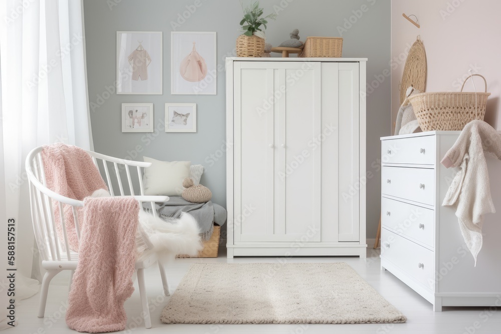 babys room with white furniture and pink accents. Generative AI