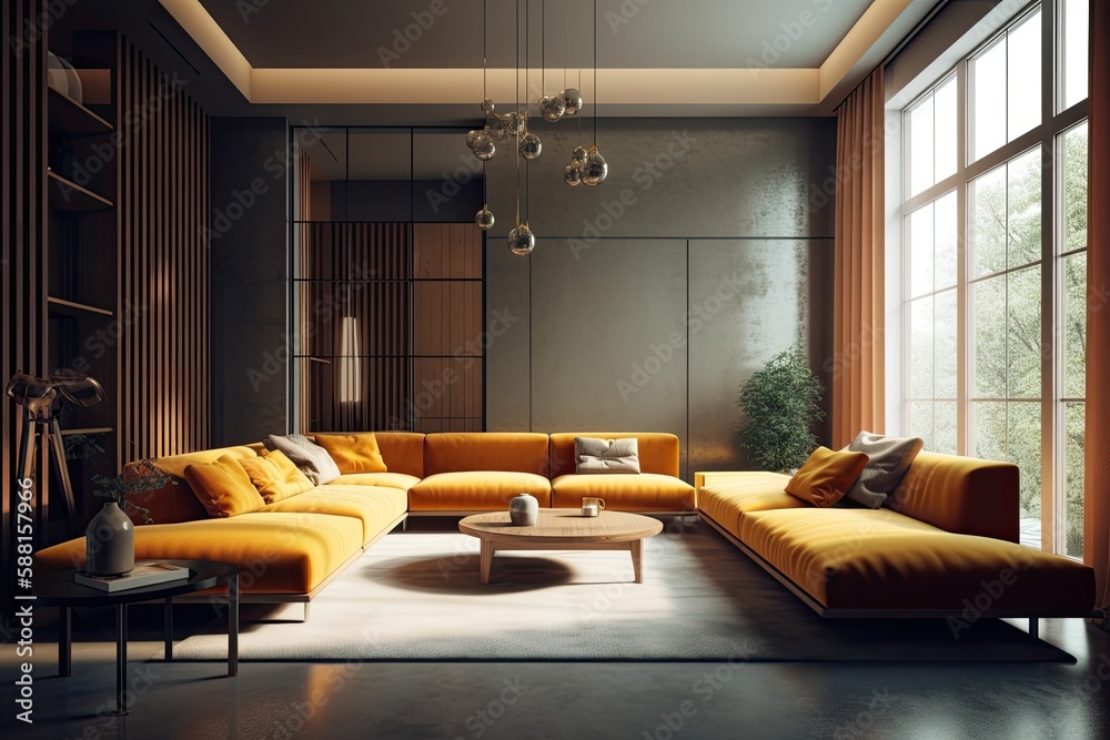 cozy and well-furnished living room with a big window letting in natural light. Generative AI