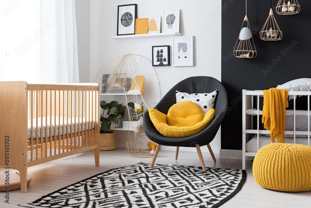 modern black and white nursery with pops of yellow. Generative AI