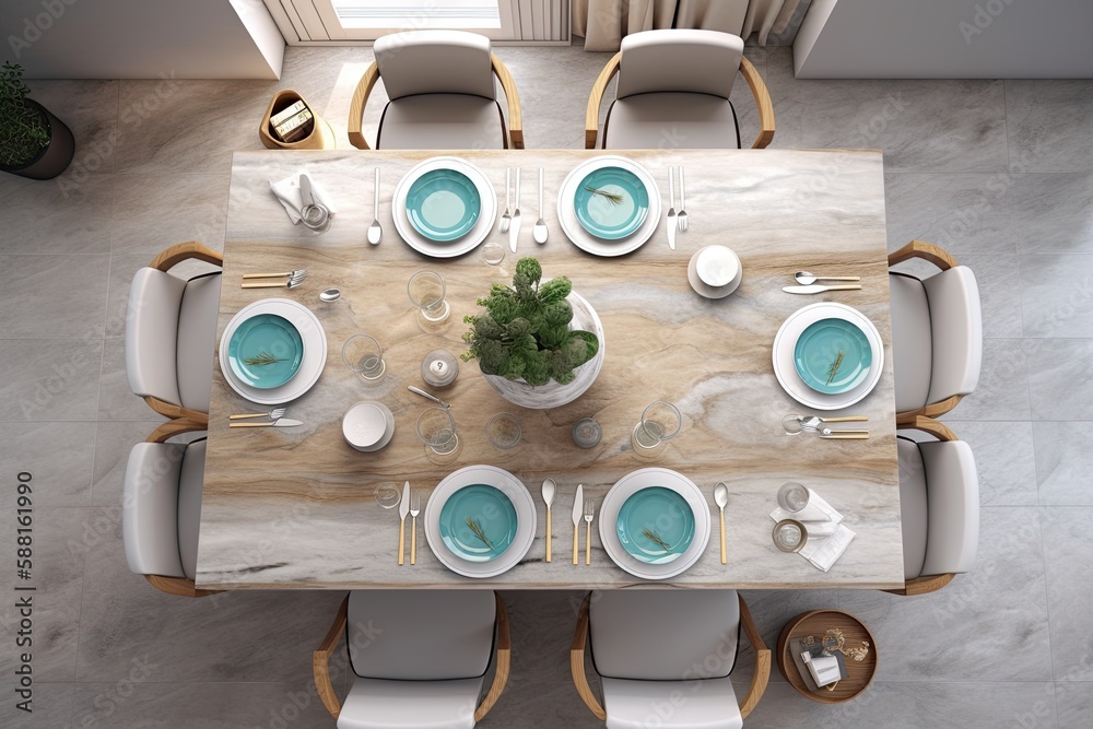 Illustration of an elegant dining room table set for a dinner party. Generative AI