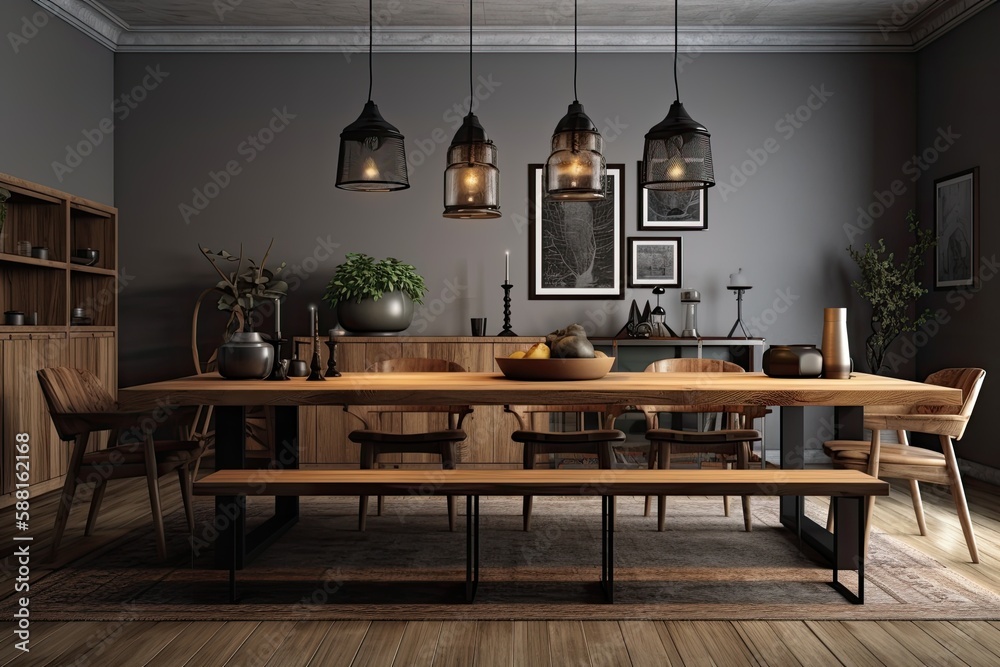 cozy dining room with rustic wooden furniture. Generative AI