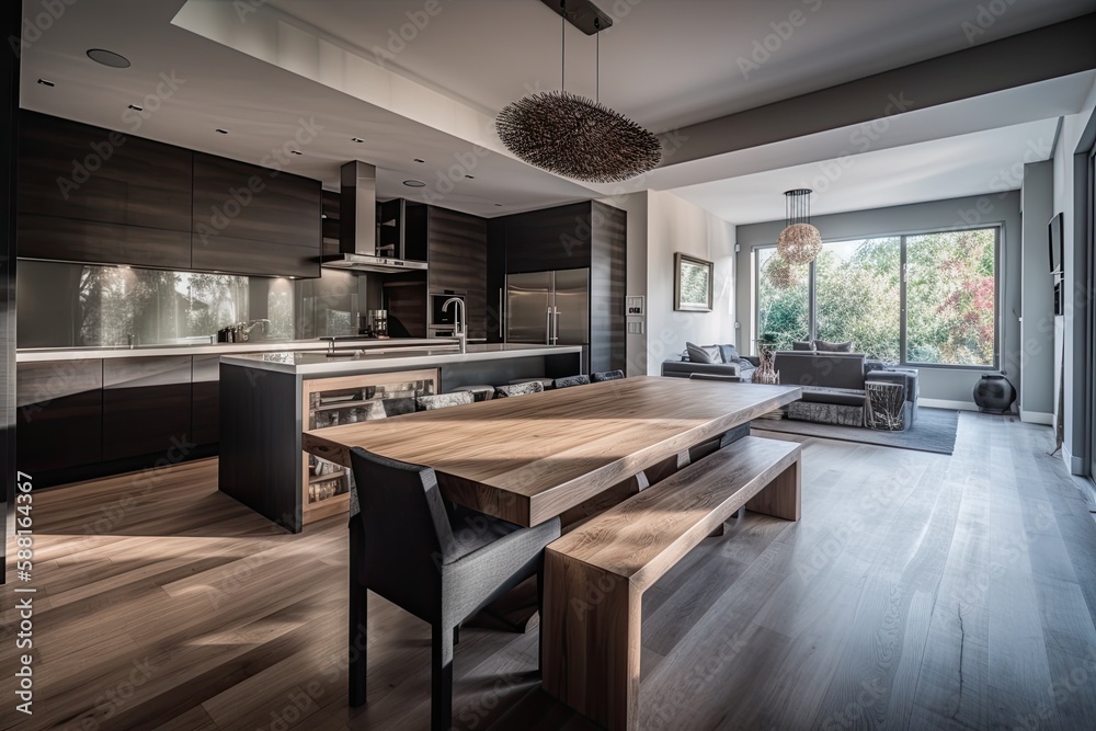 spacious kitchen with a rustic wooden dining table and chairs. Generative AI