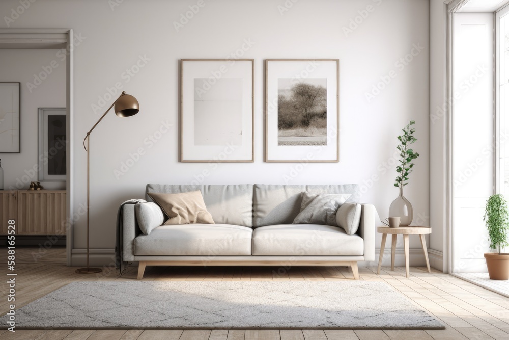 cozy living room with a comfortable couch and wall decor. Generative AI