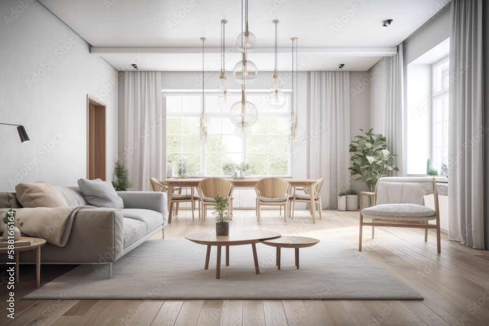 cozy living room with ample seating and natural light from a large window. Generative AI