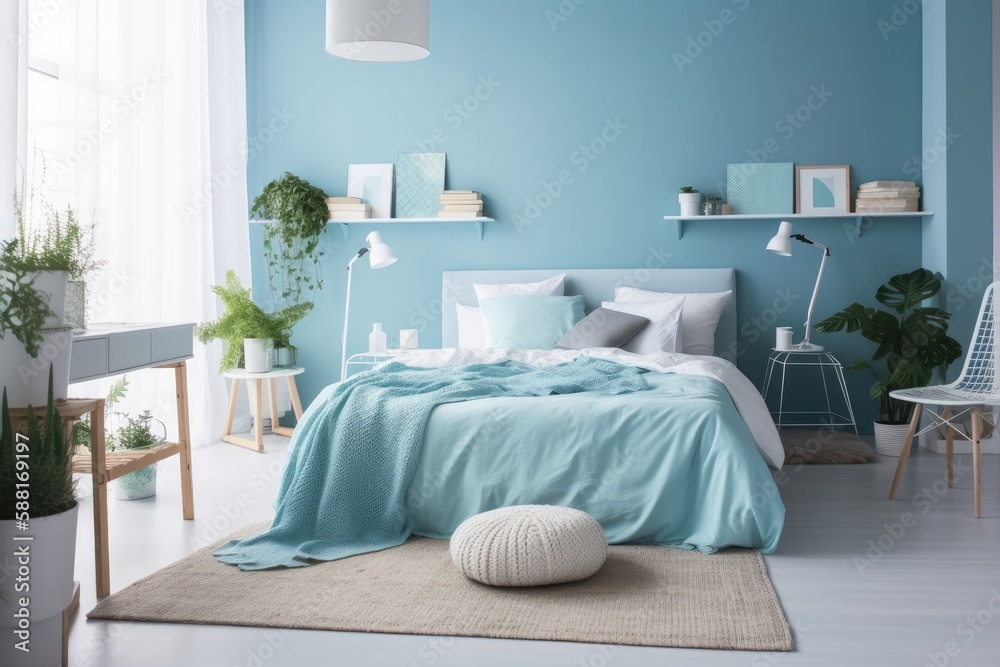 cozy bedroom with blue walls and a comfortable bed. Generative AI