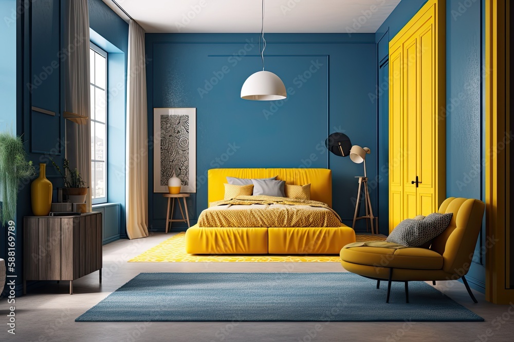 bedroom with blue walls and yellow furniture. Generative AI