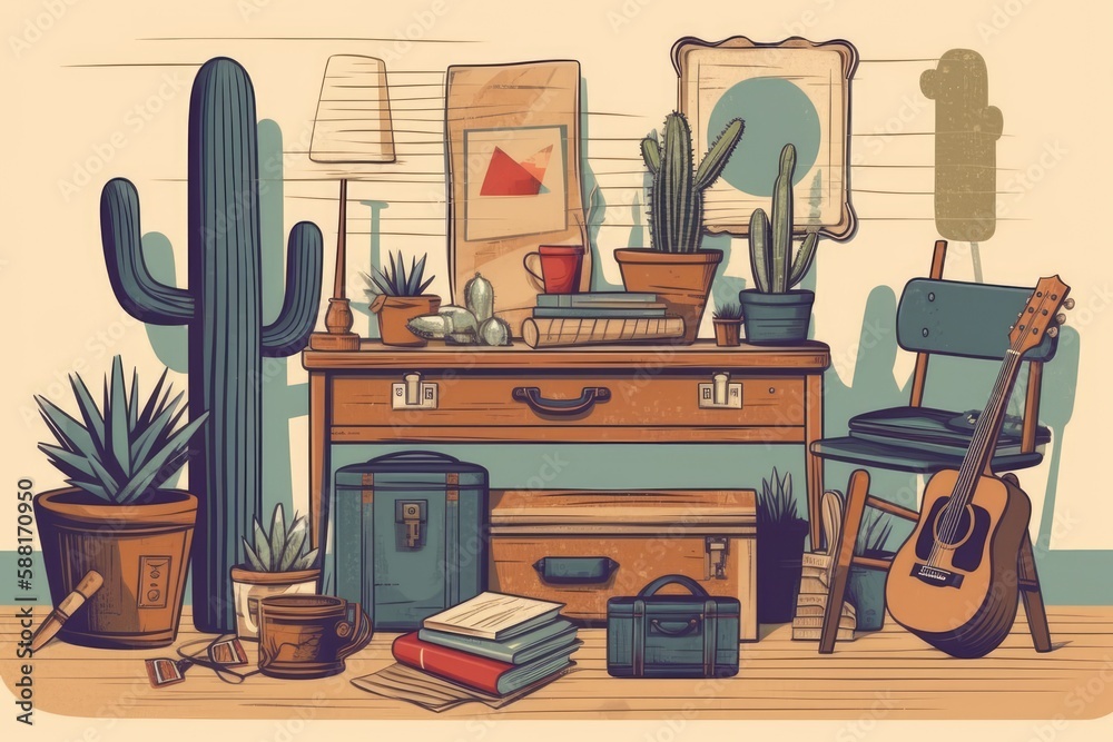 desk with a guitar and a cactus. Generative AI