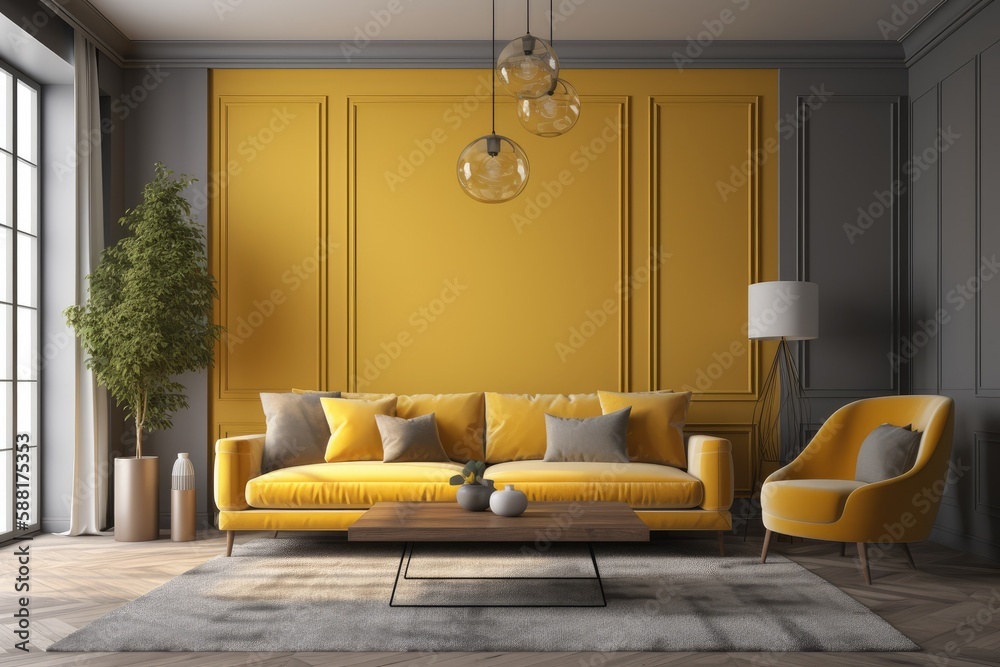 cozy living room with a bright yellow sofa and two matching chairs. Generative AI