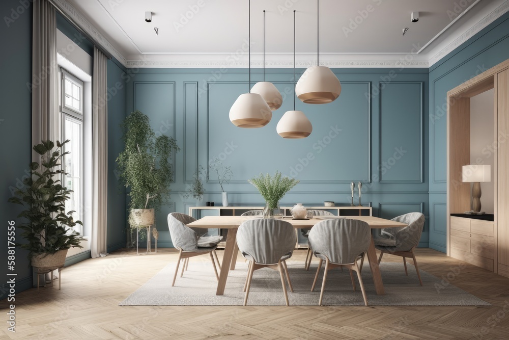 cozy dining room with blue walls and warm wooden floors. Generative AI