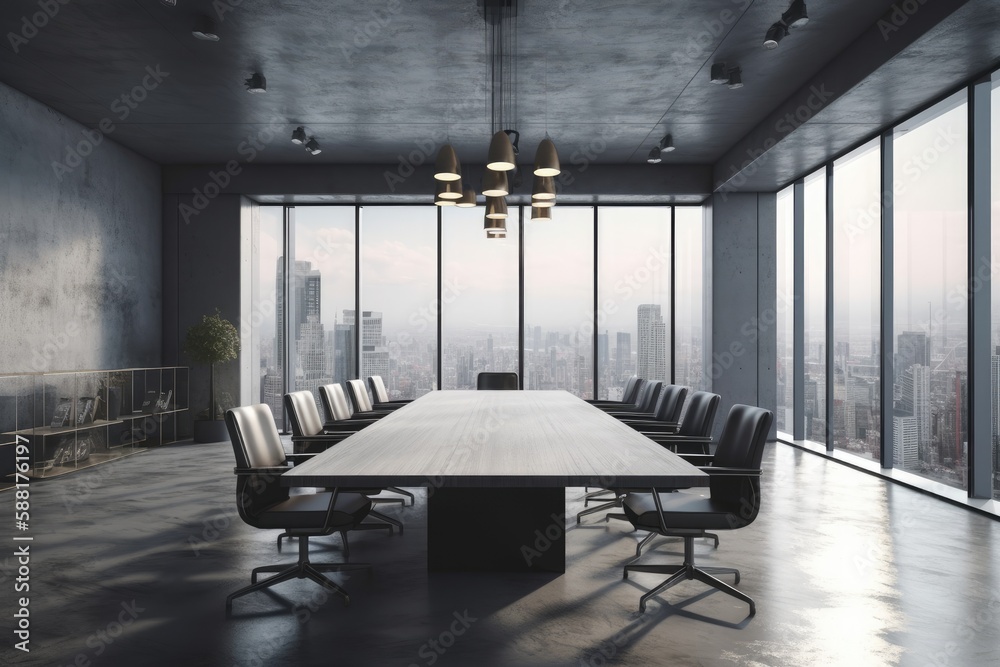 spacious conference room with a long table and comfortable chairs. Generative AI