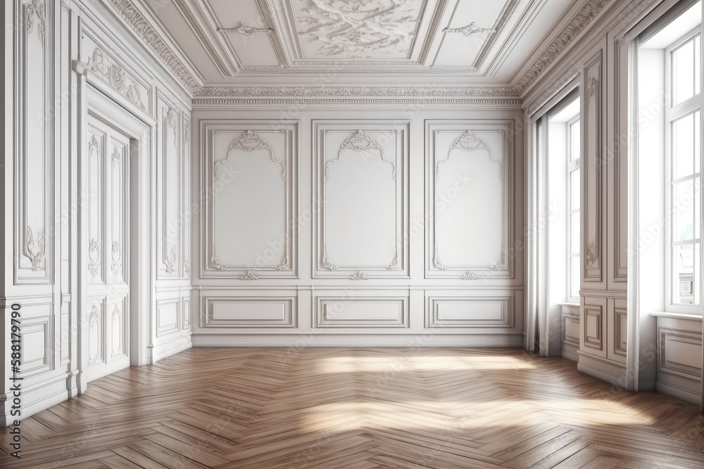 Illustration of an empty room with minimalist design and natural textures. Generative AI