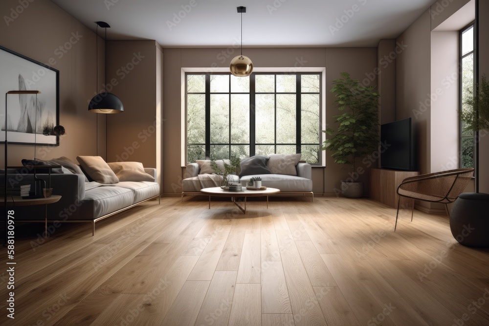 cozy living room with natural light streaming in through a large window. Generative AI