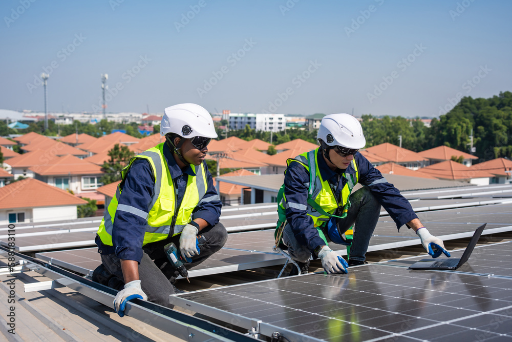 Professional engineer work to maintenance of photovoltaic panel system. 