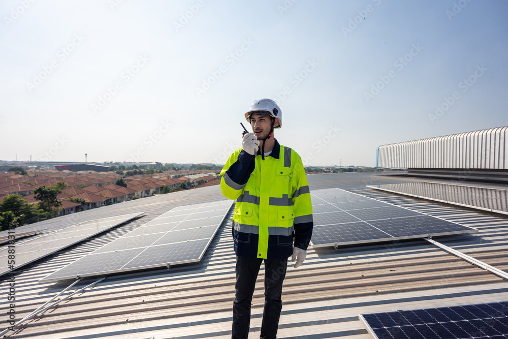 Professional engineer work to maintenance of photovoltaic panel system. 