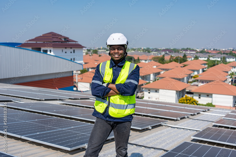 Portrait of engineer work to maintenance of photovoltaic panel system.