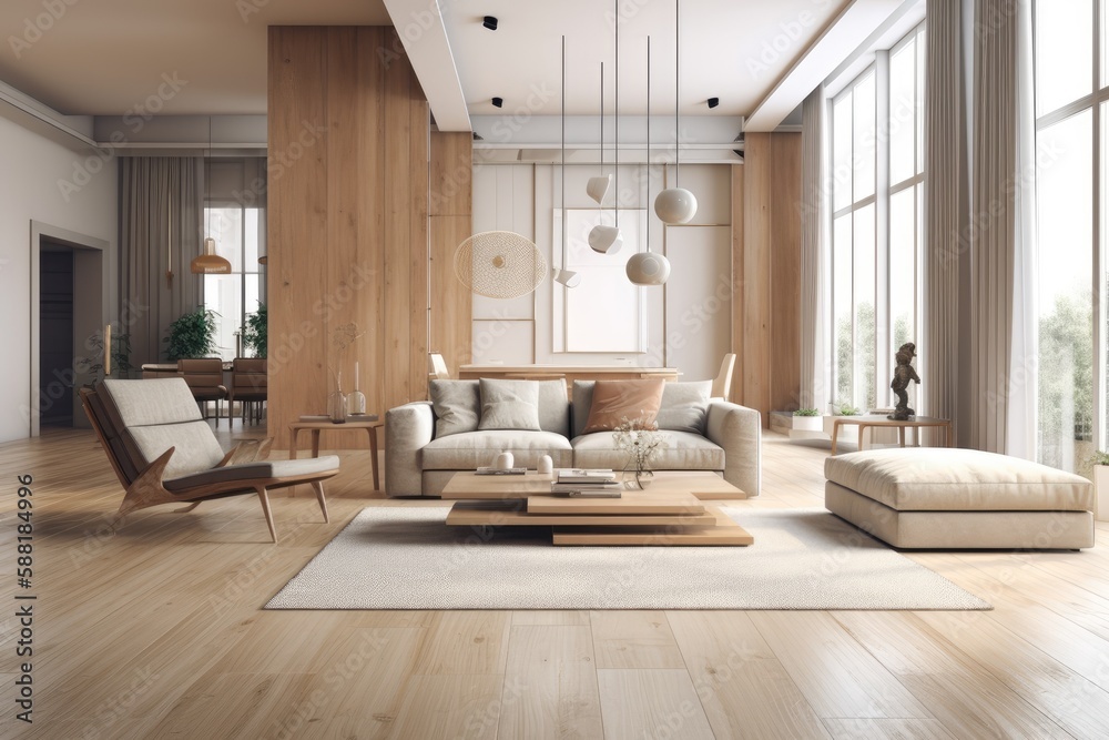 spacious living room with natural lighting and comfortable furniture. Generative AI