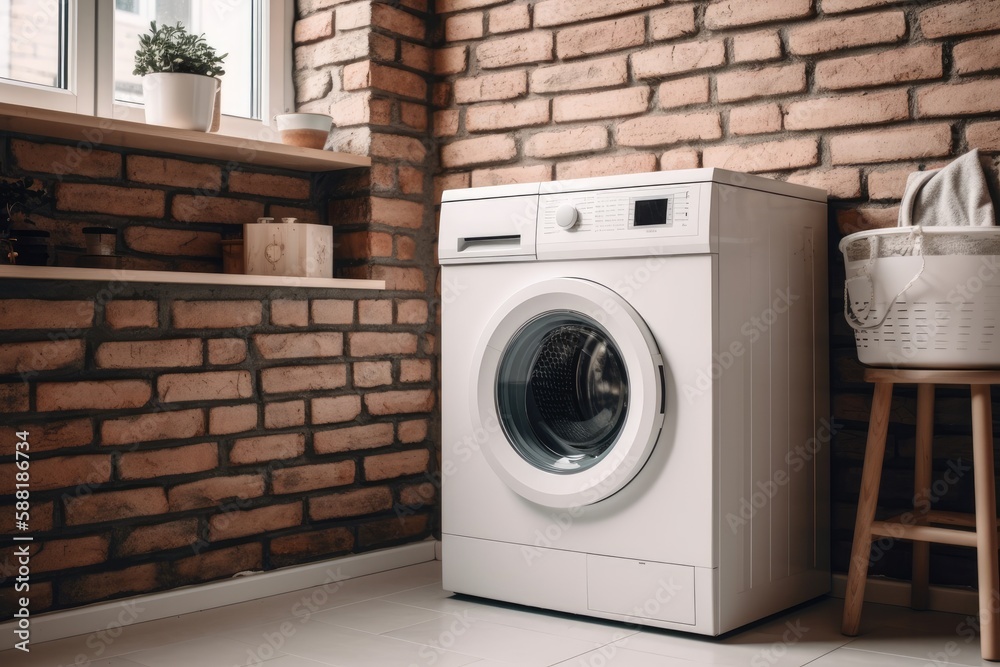 modern washing machine standing against a rustic brick wall. Generative AI