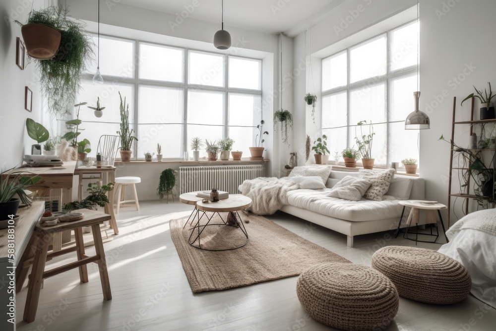 spacious living room with ample natural light and comfortable furniture. Generative AI