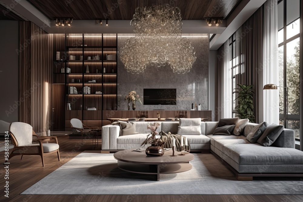 luxurious living room with elegant furniture and a sparkling chandelier. Generative AI