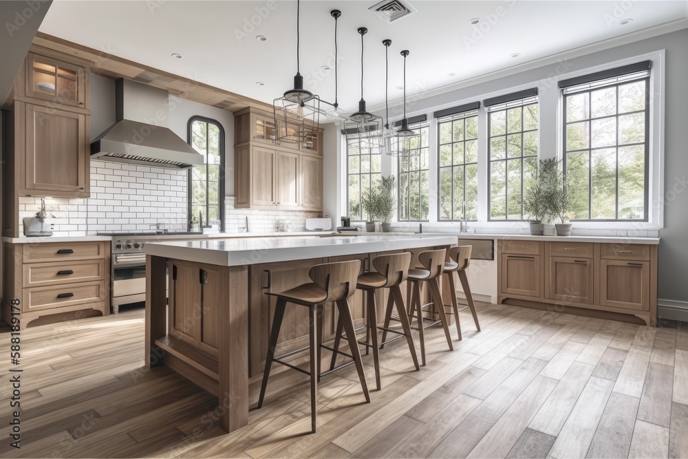 spacious kitchen with hardwood floors and a functional island. Generative AI