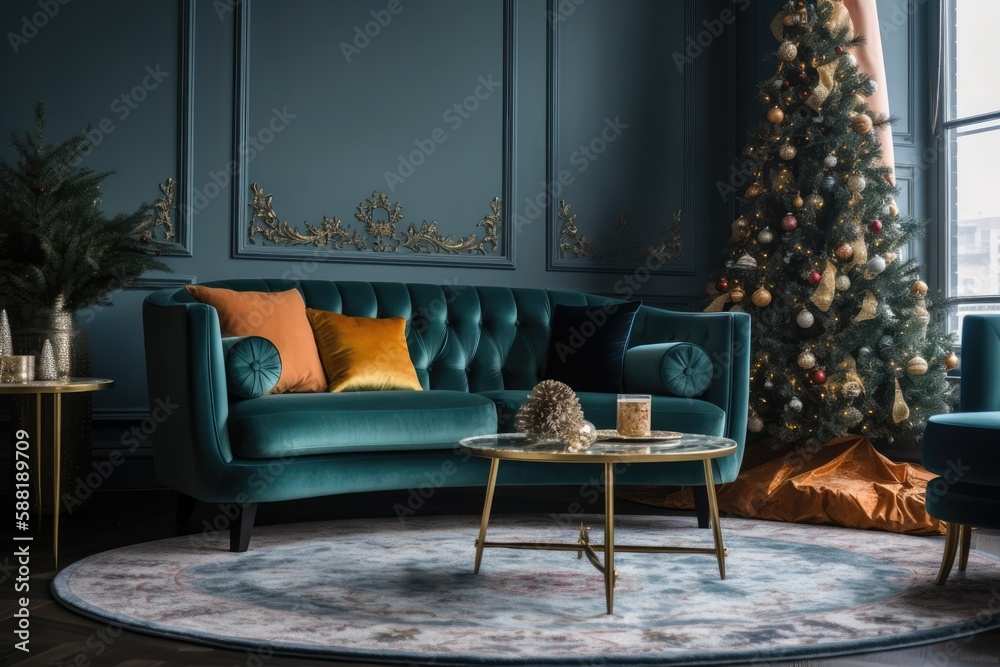 cozy living room adorned with a festive Christmas tree. Generative AI