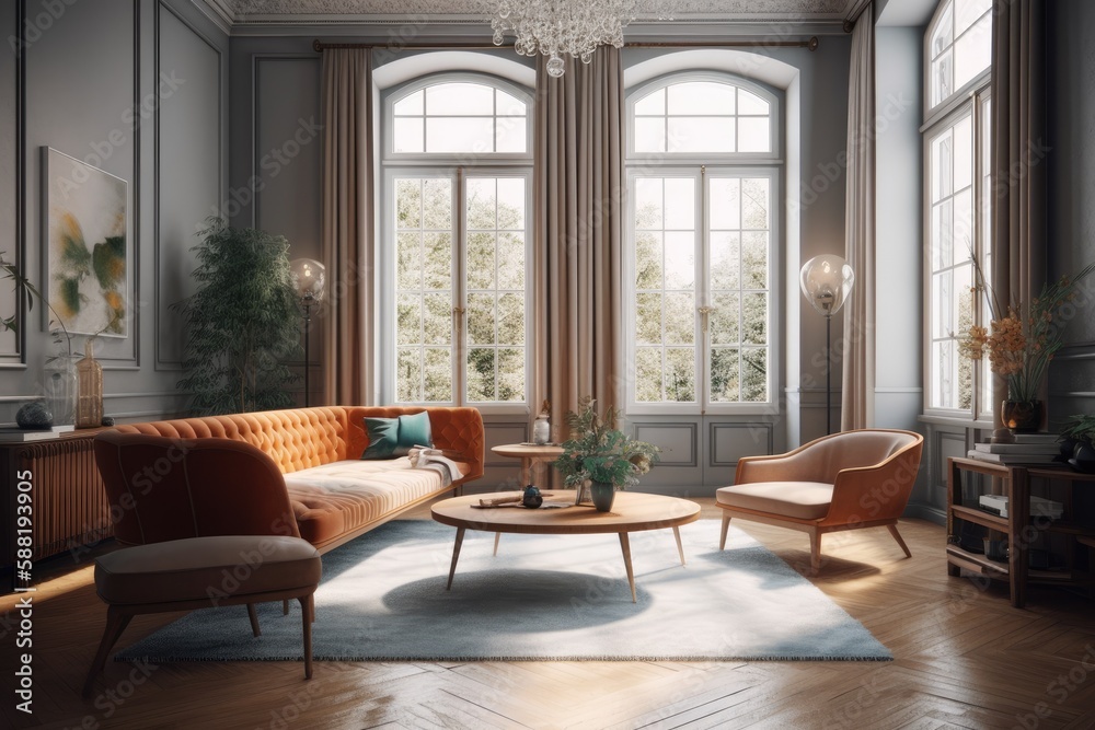 luxurious living room with elegant furniture and a sparkling chandelier. Generative AI