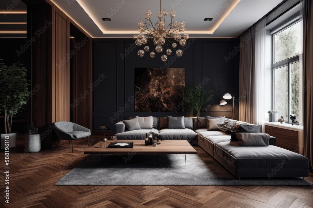 spacious living room with a luxurious sofa and a grand chandelier. Generative AI