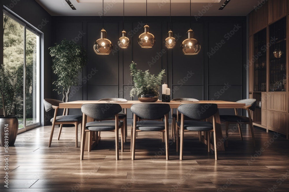 cozy dining room with a rustic wooden table and chairs. Generative AI