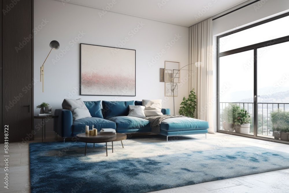 modern living room with blue accents. Generative AI