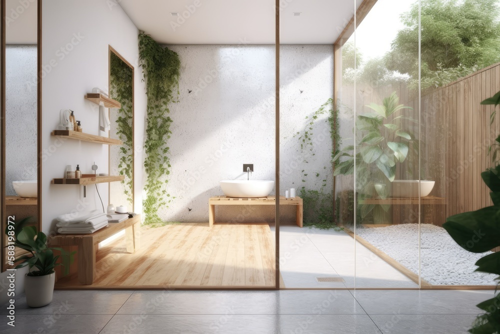 modern bathroom with wooden flooring and glass walls. Generative AI