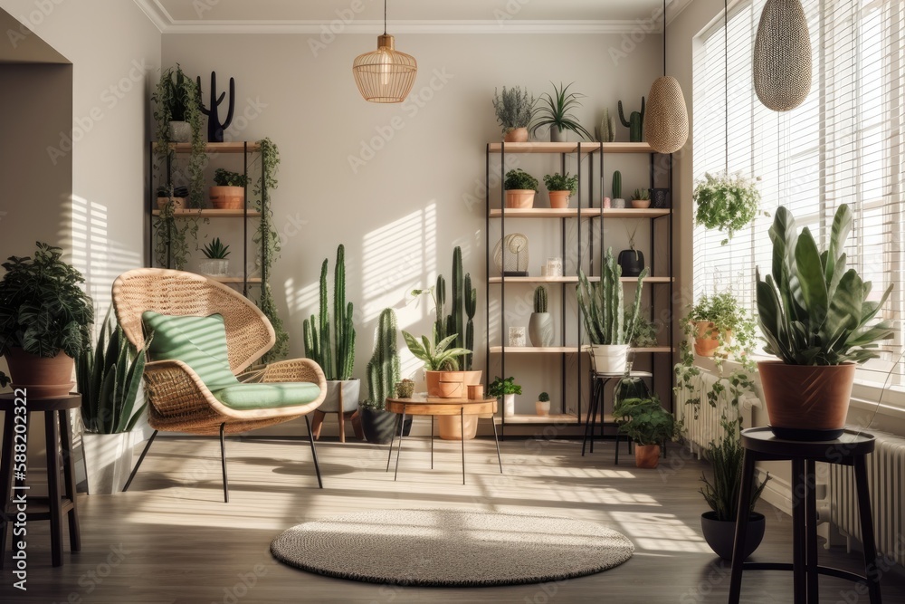 lush indoor garden in a cozy living room. Generative AI