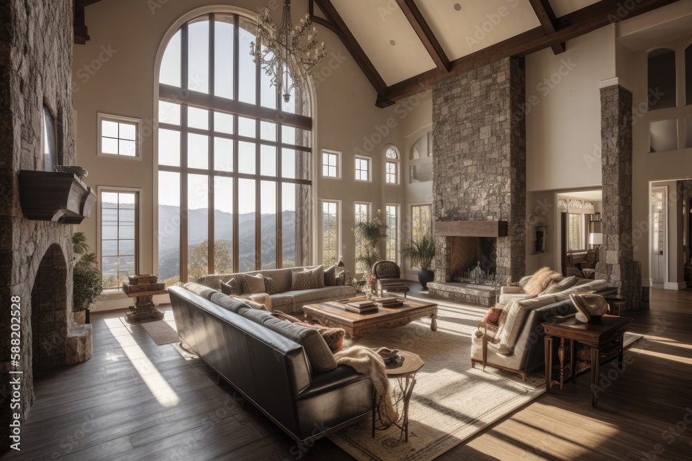 cozy living room with natural light pouring in through large windows. Generative AI