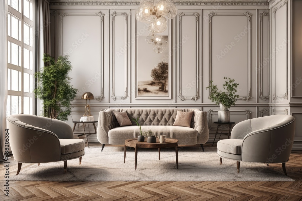 luxurious living room with elegant furniture and a sparkling chandelier. Generative AI