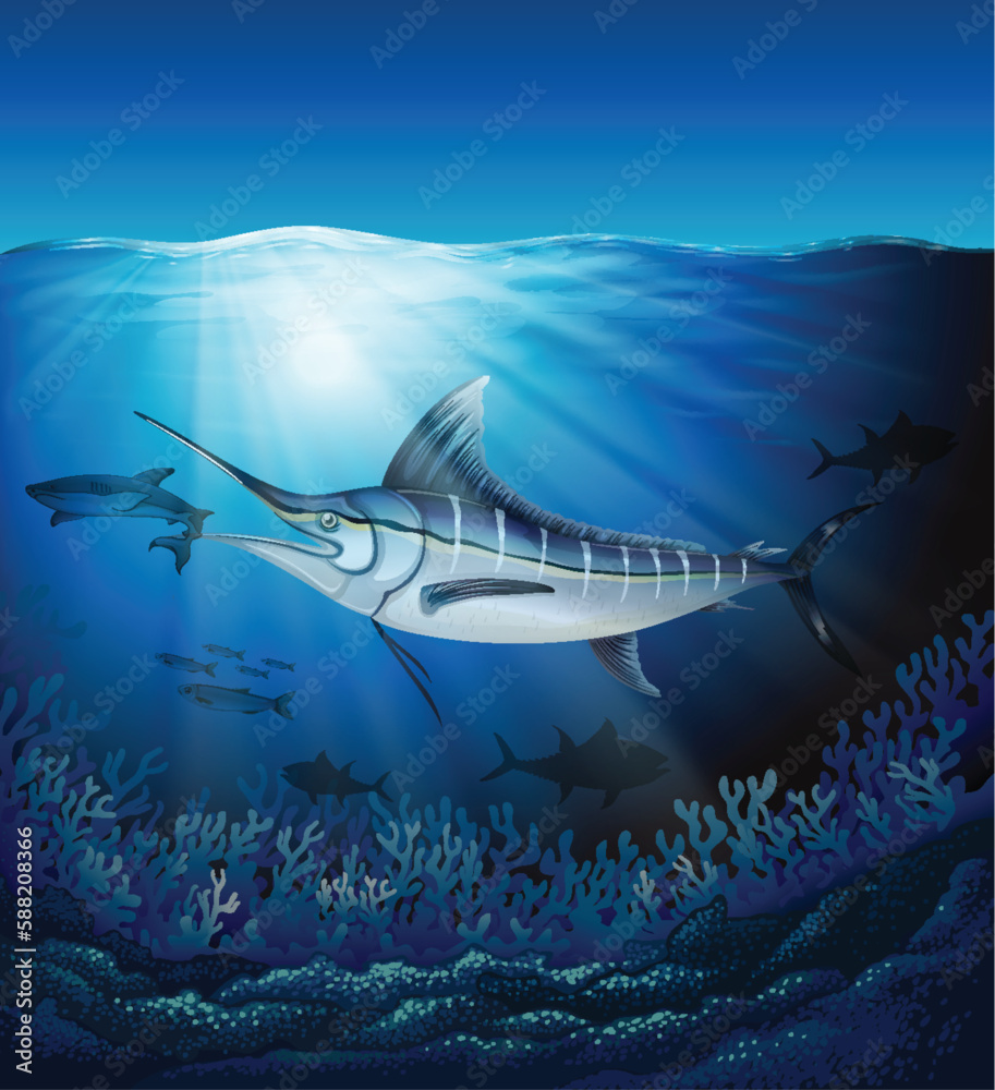 Striped Marlin Fish Swimming in the Deep Blue Sea