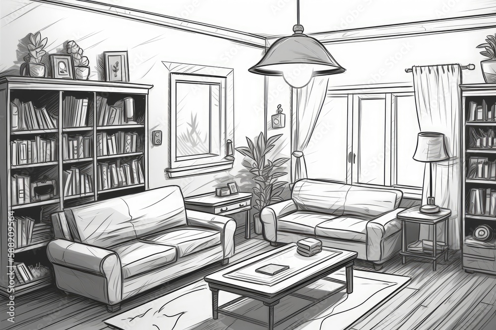 cozy living room with comfortable seating and a center coffee table. Generative AI