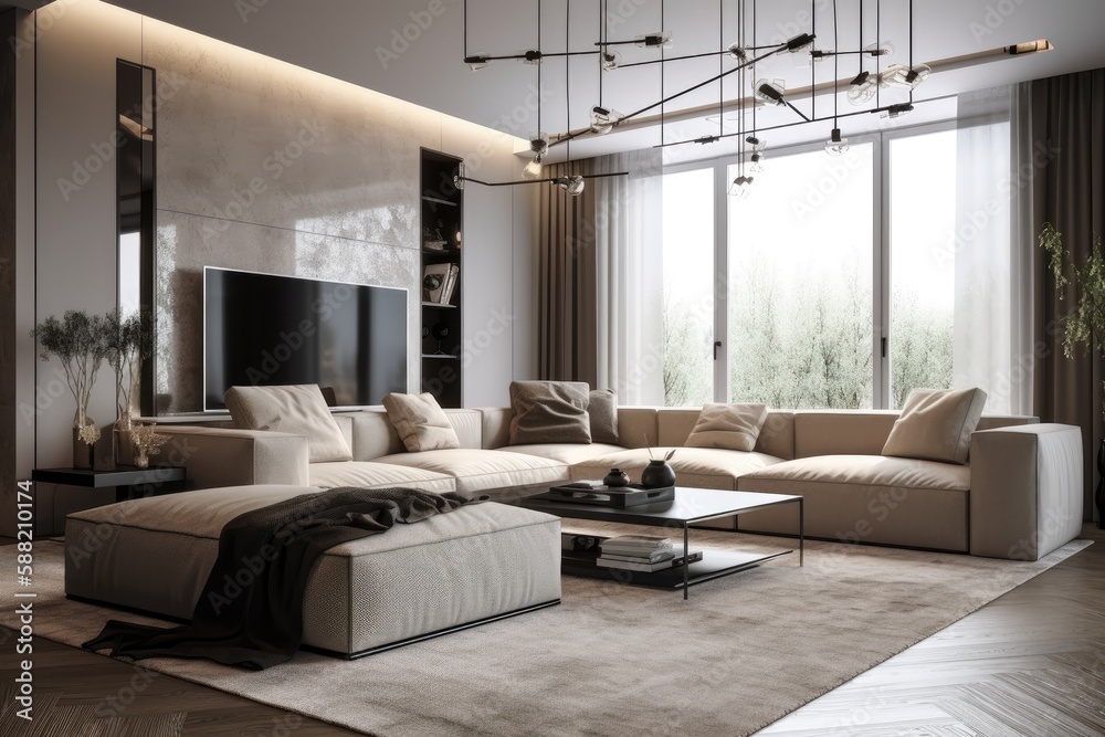 contemporary living room featuring a spacious sectional sofa. Generative AI