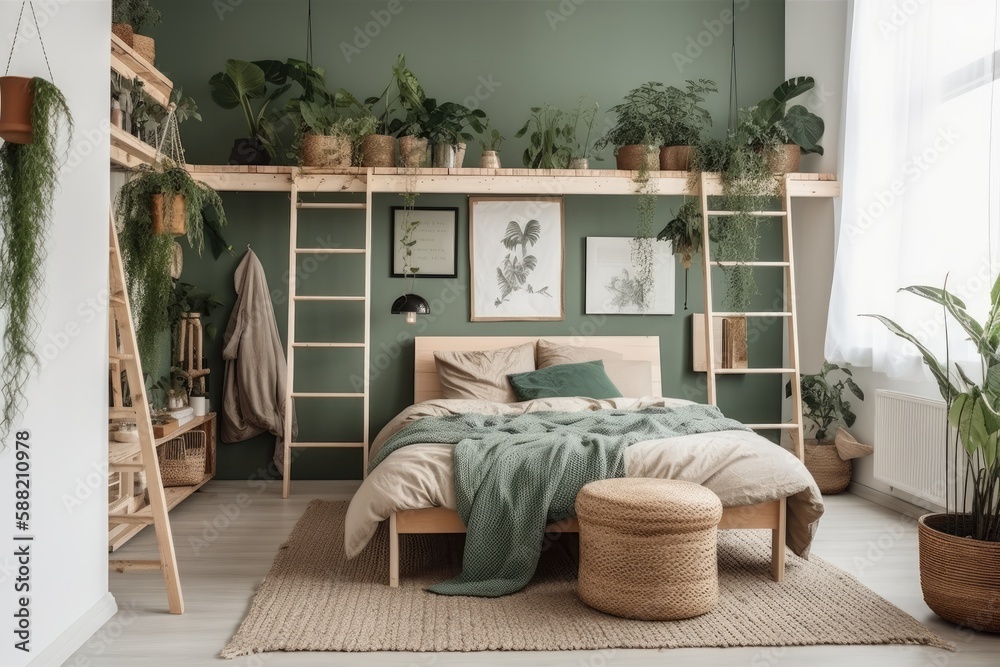 cozy bedroom decorated with green walls and plants on the shelves. Generative AI