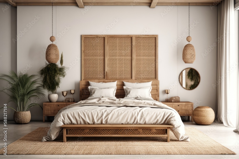 cozy bedroom with a spacious bed and a stylish wicker headboard. Generative AI