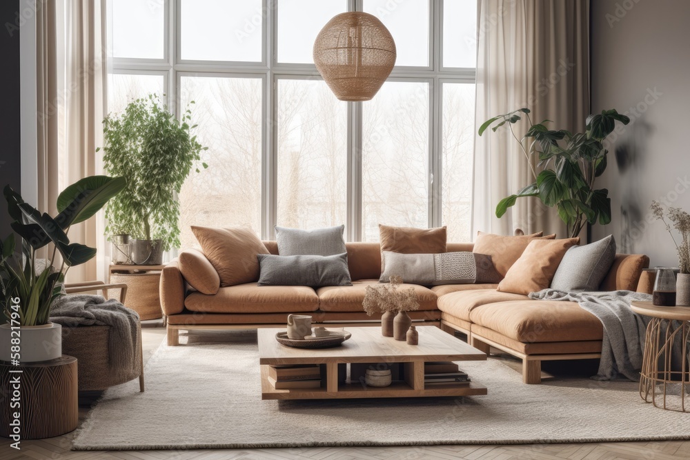 cozy living room with ample seating and natural light pouring in from a large window. Generative AI