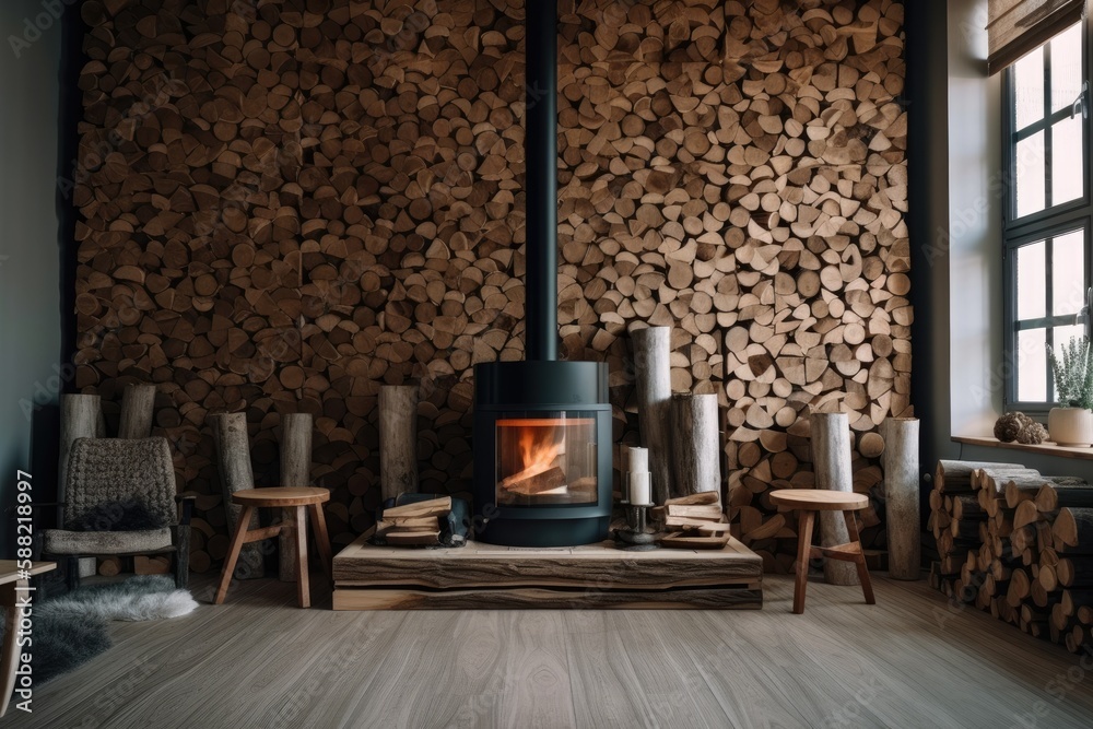 cozy living room with a wood burning stove as the focal point. Generative AI