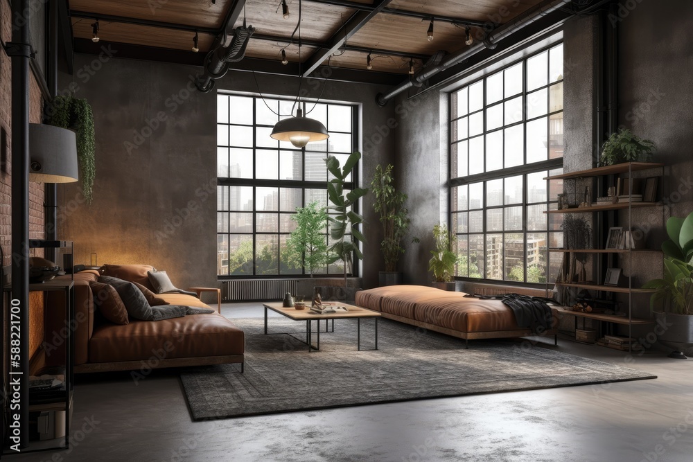 cozy living room with natural light streaming in through large windows. Generative AI