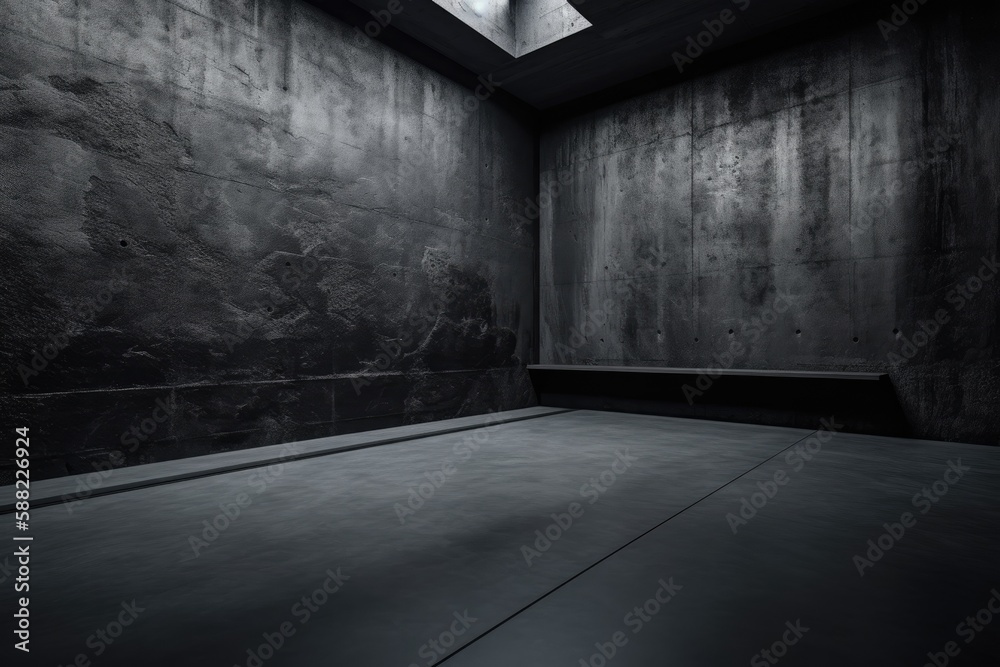 Illustration of an empty concrete room with natural light coming from a skylight. Generative AI