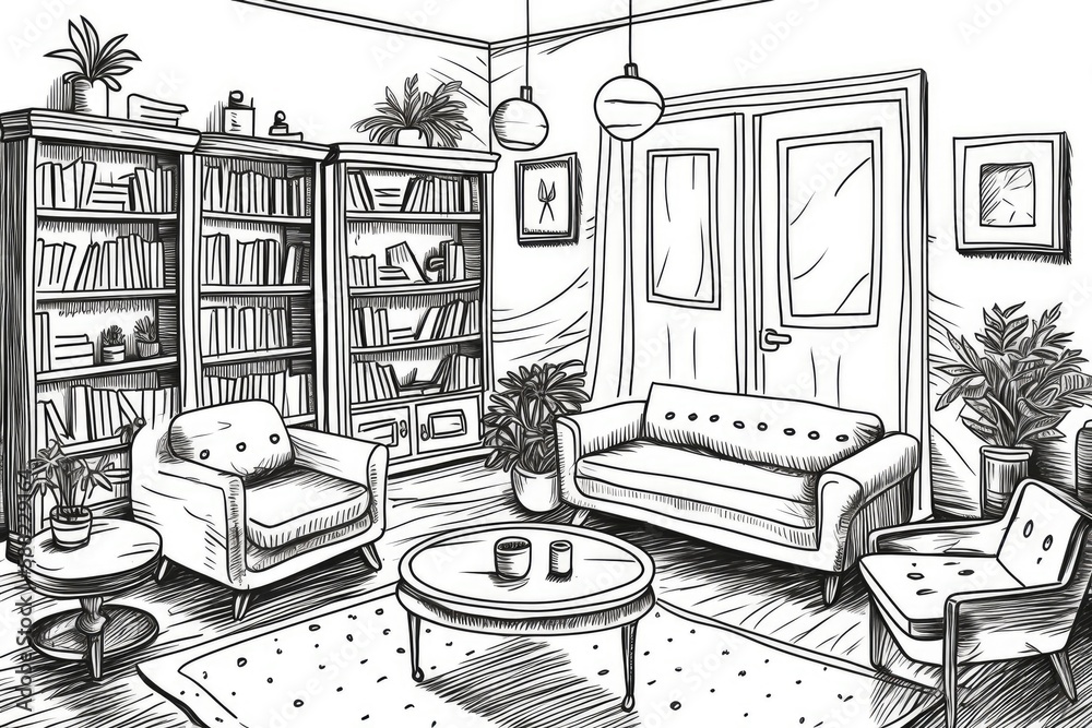 cozy living room in black and white. Generative AI