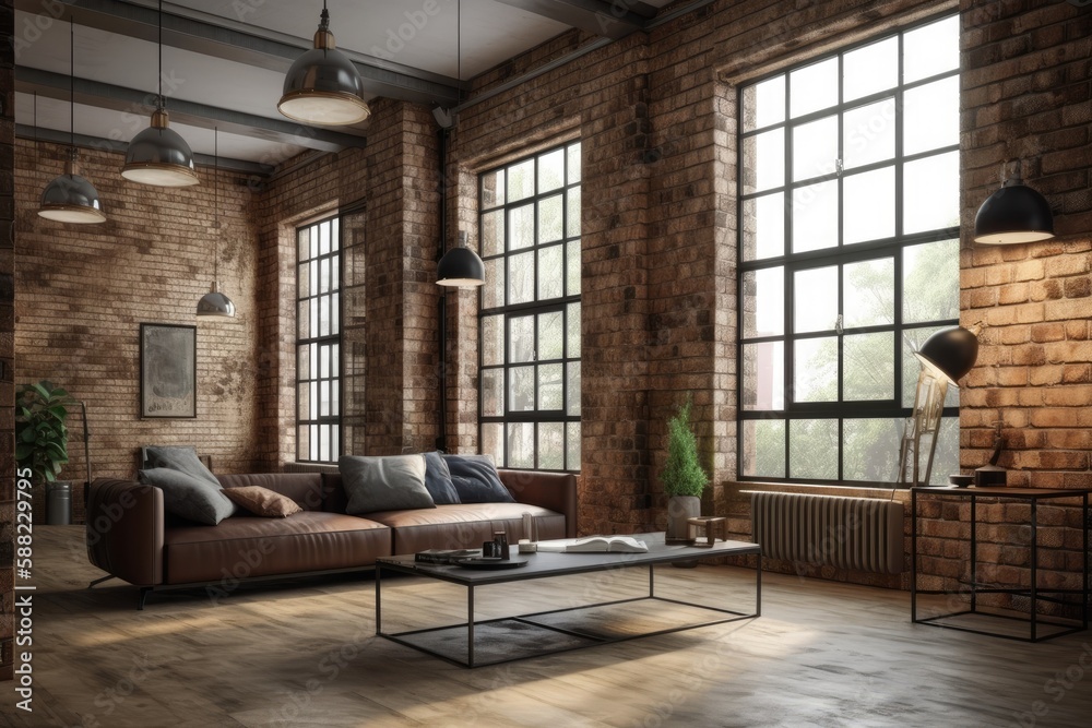 cozy living room with exposed brick walls and ample natural light from large windows. Generative AI